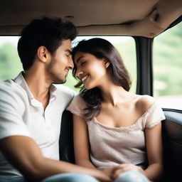 A romantic couple sitting together inside a car, enjoying their intimate moment and the journey