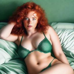 A high-quality digital art piece features a striking woman with curly ginger hair and mesmerizing green eyes