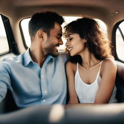 A romantic couple sitting together inside a car, enjoying their intimate moment and the journey