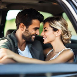 A romantic couple sitting together inside a car, enjoying their intimate moment and the journey