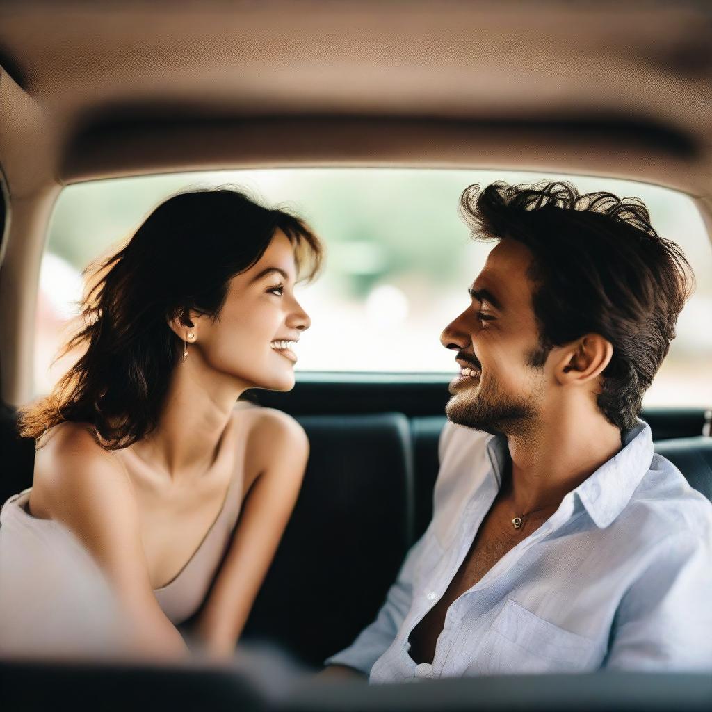 A romantic couple sitting together inside a car, enjoying their intimate moment and the journey