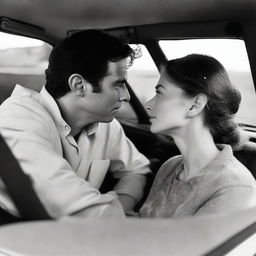 A man and woman sitting inside a car, engaged in a deep conversation with an aura of comfort and familiarity