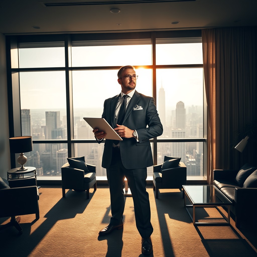 A commanding figure exuding confidence and authority, standing tall in an elegantly furnished office with large windows overlooking a bustling cityscape