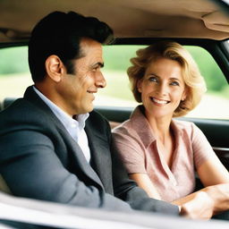 A man and woman sitting inside a car, engaged in a deep conversation with an aura of comfort and familiarity