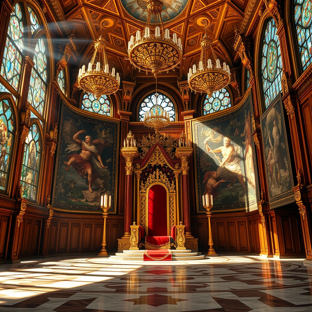 A majestic royal throne room, intricately designed with soaring ceilings and ornate chandeliers