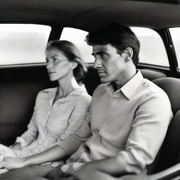 A man and woman sitting inside a car, engaged in a deep conversation with an aura of comfort and familiarity