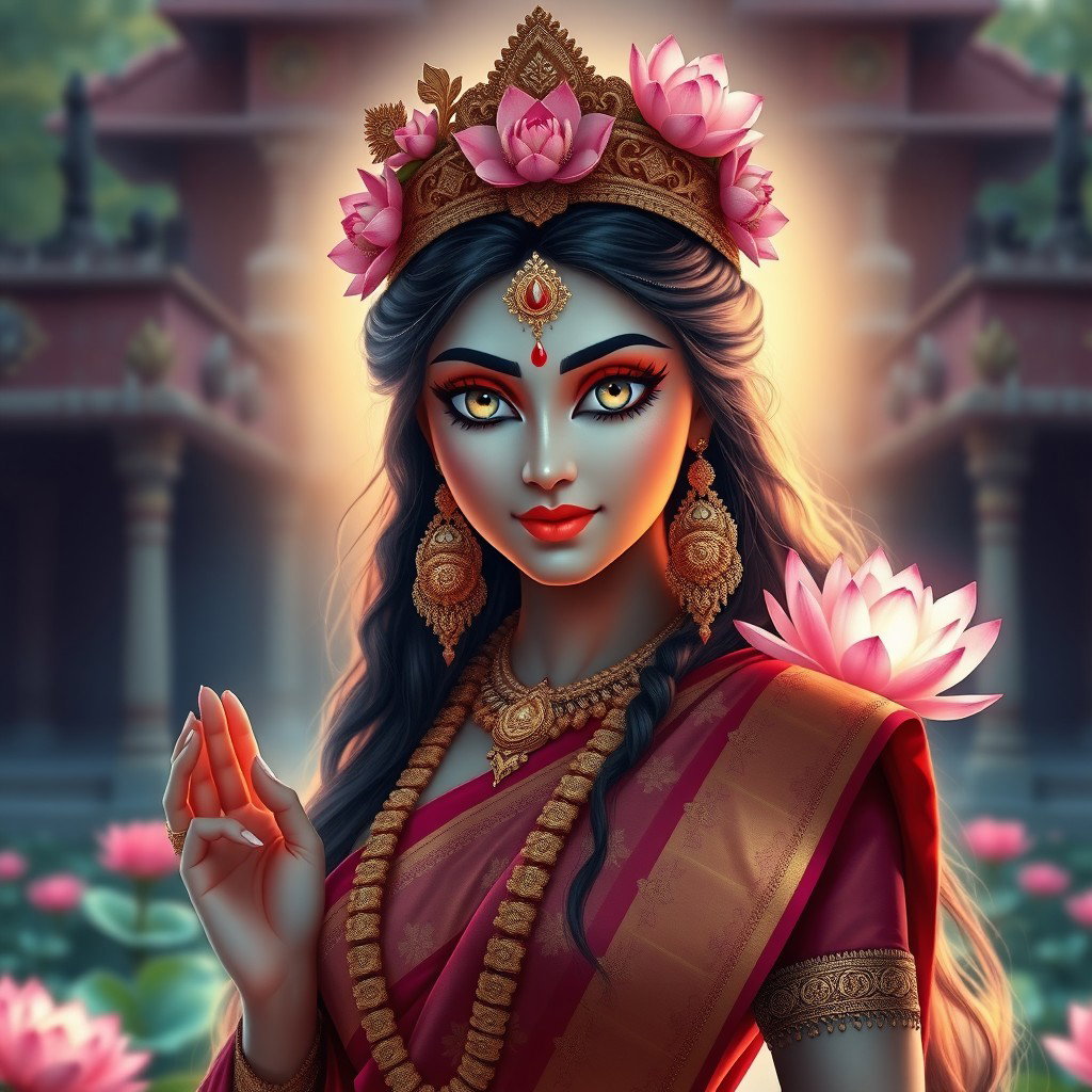 A beautiful Hindu Devi depicted with divine grace, her eyes resembling exquisite lotus flowers, symbolizing purity and enlightenment