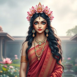 A beautiful Hindu Devi depicted with divine grace, her eyes resembling exquisite lotus flowers, symbolizing purity and enlightenment