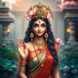 A beautiful Hindu Devi depicted with divine grace, her eyes resembling exquisite lotus flowers, symbolizing purity and enlightenment