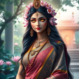 A beautiful Hindu Devi depicted with divine grace, her eyes resembling exquisite lotus flowers, symbolizing purity and enlightenment
