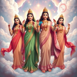 A beautiful divine depiction of four Hindu goddesses standing gracefully in a heavenly setting, each adorned with exquisite sarees that flow elegantly around them
