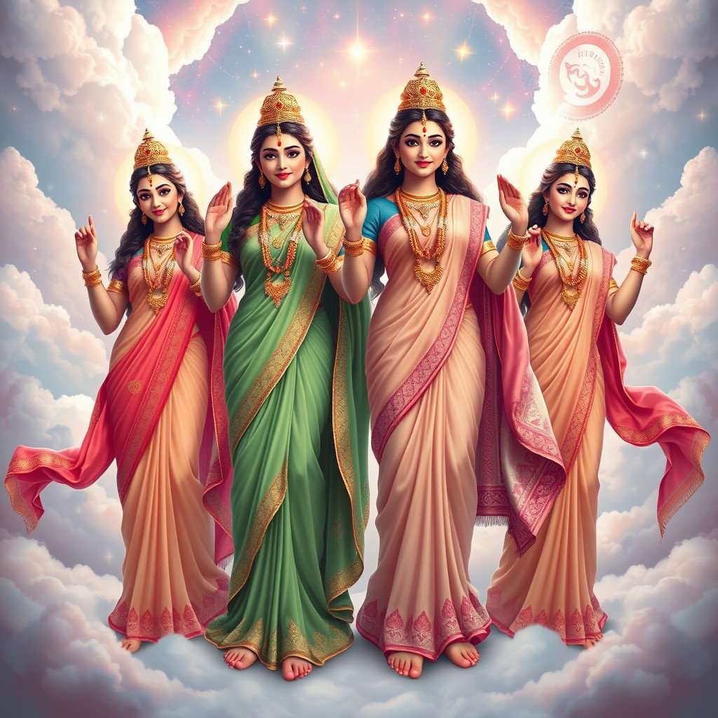 A beautiful divine depiction of four Hindu goddesses standing gracefully in a heavenly setting, each adorned with exquisite sarees that flow elegantly around them