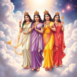 A beautiful divine depiction of four Hindu goddesses standing gracefully in a heavenly setting, each adorned with exquisite sarees that flow elegantly around them