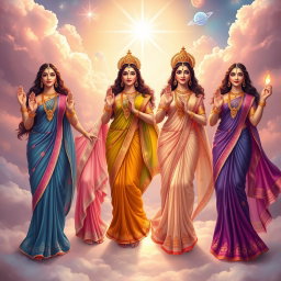 A beautiful divine depiction of four Hindu goddesses standing gracefully in a heavenly setting, each adorned with exquisite sarees that flow elegantly around them