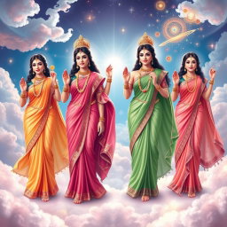 A beautiful divine depiction of four Hindu goddesses standing gracefully in a heavenly setting, each adorned with exquisite sarees that flow elegantly around them