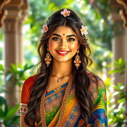 A beautiful Hindu Devi captured in a radiant smile, exuding warmth and kindness