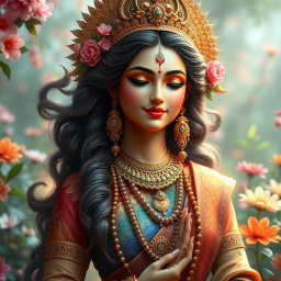 A stunning depiction of a Hindu goddess, embodying grace and beauty, adorned in intricate traditional attire with vibrant colors