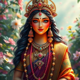 A stunning depiction of a Hindu goddess, embodying grace and beauty, adorned in intricate traditional attire with vibrant colors