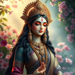 A stunning depiction of a Hindu goddess, embodying grace and beauty, adorned in intricate traditional attire with vibrant colors