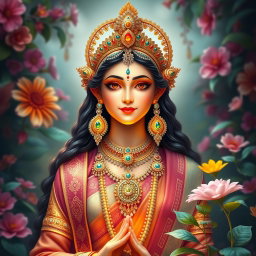 A stunning depiction of a Hindu goddess, embodying grace and beauty, adorned in intricate traditional attire with vibrant colors
