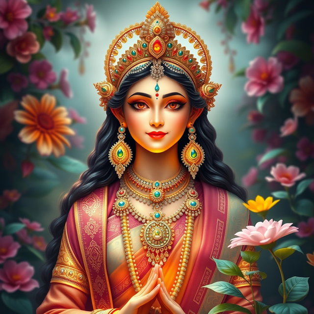 A stunning depiction of a Hindu goddess, embodying grace and beauty, adorned in intricate traditional attire with vibrant colors