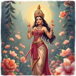 A captivating illustration of a Hindu goddess standing confidently, exuding beauty and charisma