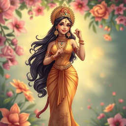 A captivating illustration of a Hindu goddess standing confidently, exuding beauty and charisma
