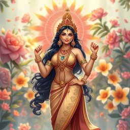 A captivating illustration of a Hindu goddess standing confidently, exuding beauty and charisma