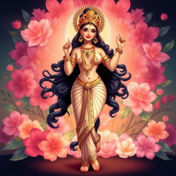 A captivating illustration of a Hindu goddess standing confidently, exuding beauty and charisma