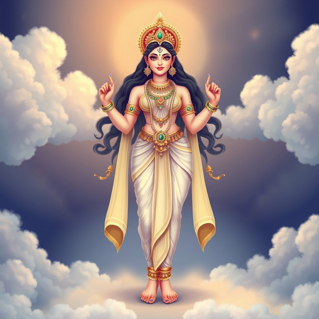 A beautiful illustration of the Hindu goddess Devi, standing in a celestial setting that resembles 'swarg' (heaven)