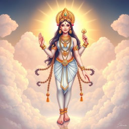 A beautiful illustration of the Hindu goddess Devi, standing in a celestial setting that resembles 'swarg' (heaven)