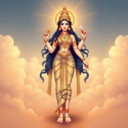 A beautiful illustration of the Hindu goddess Devi, standing in a celestial setting that resembles 'swarg' (heaven)