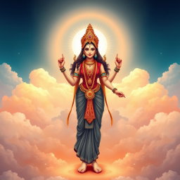 A beautiful illustration of the Hindu goddess Devi, standing in a celestial setting that resembles 'swarg' (heaven)