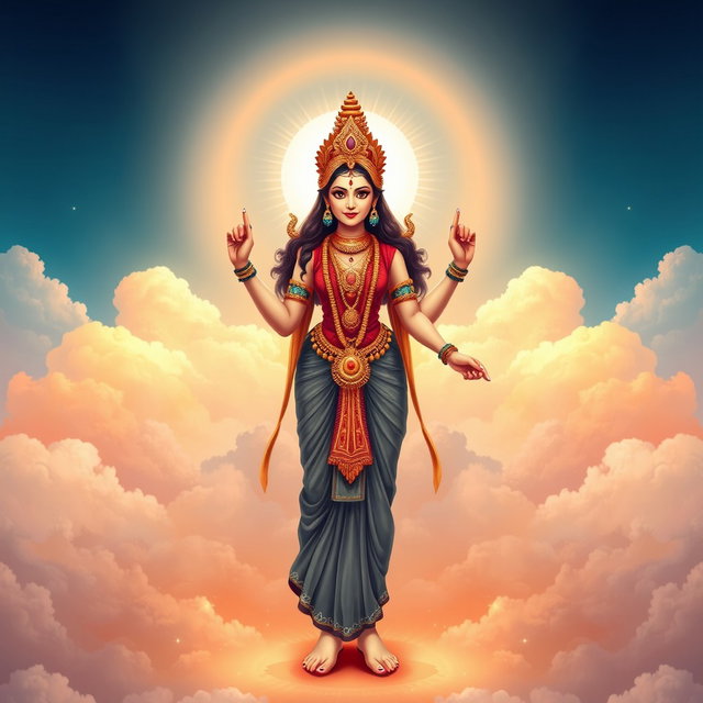 A beautiful illustration of the Hindu goddess Devi, standing in a celestial setting that resembles 'swarg' (heaven)
