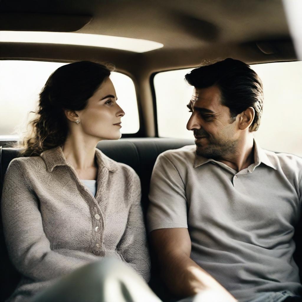 A man and woman sitting inside a car, engaged in a deep conversation with an aura of comfort and familiarity