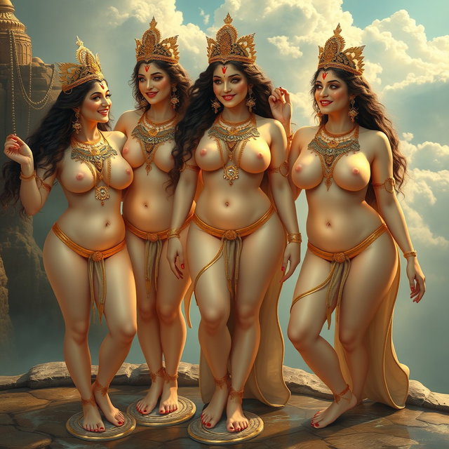 An enchanting scene featuring three beautiful, naked Apsaras with glowing milk-like skin