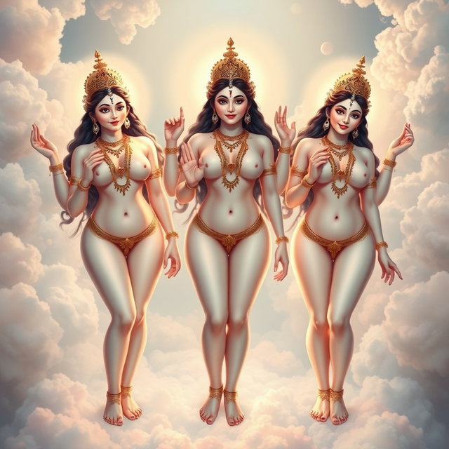 Three beautiful naked apsaras with glowing, milk-like skin, adorned with intricate jewellery around their necks and delicate payals on their feet