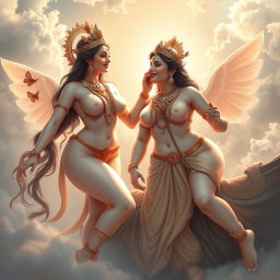 An enchanting portrayal of beautiful celestial apsaras (heavenly nymphs) in the divine realm of Swarglok