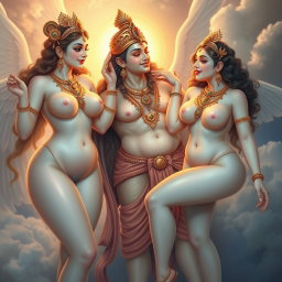 An enchanting portrayal of beautiful celestial apsaras (heavenly nymphs) in the divine realm of Swarglok