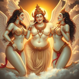 An enchanting portrayal of beautiful celestial apsaras (heavenly nymphs) in the divine realm of Swarglok