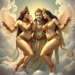 An enchanting portrayal of beautiful celestial apsaras (heavenly nymphs) in the divine realm of Swarglok