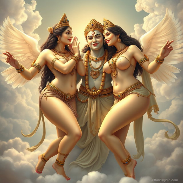 An enchanting portrayal of beautiful celestial apsaras (heavenly nymphs) in the divine realm of Swarglok