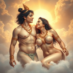 A heavenly scene in Swarglok featuring beautiful naked Apsaras with radiant, milk glow skin