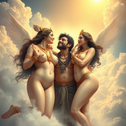 A heavenly scene in Swarglok featuring beautiful naked Apsaras with radiant, milk glow skin