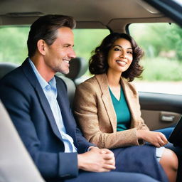 A man and woman comfortably seated inside a car, engrossed in a meaningful conversation