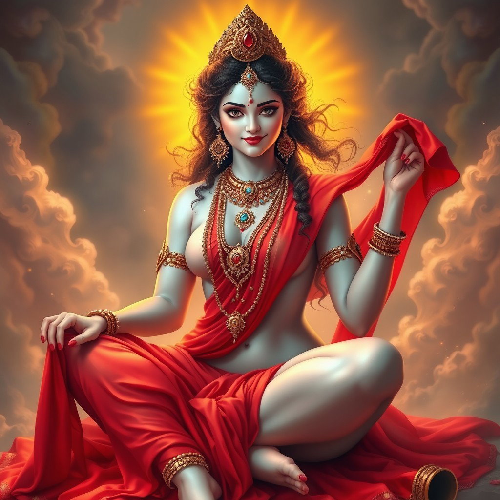 A stunning Devi goddess with smooth, glowing milk-colored skin, adorned with exquisite jewelry around her neck and delicate payal on her feet, wearing a vibrant red saree