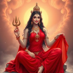 A stunning Devi goddess with smooth, glowing milk-colored skin, adorned with exquisite jewelry around her neck and delicate payal on her feet, wearing a vibrant red saree
