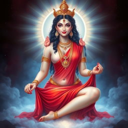 A stunning Devi goddess with smooth, glowing milk-colored skin, adorned with exquisite jewelry around her neck and delicate payal on her feet, wearing a vibrant red saree