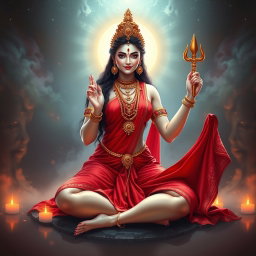 A stunning Devi goddess with smooth, glowing milk-colored skin, adorned with exquisite jewelry around her neck and delicate payal on her feet, wearing a vibrant red saree