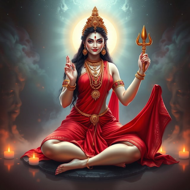 A stunning Devi goddess with smooth, glowing milk-colored skin, adorned with exquisite jewelry around her neck and delicate payal on her feet, wearing a vibrant red saree